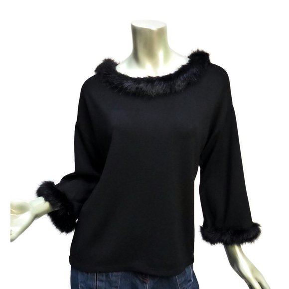 Chico's Tops - By Chico's Black Faux Fur Trimmed Top New